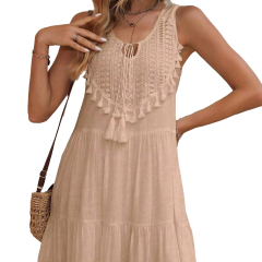 Customized Beige Bohemian Lace Tassel Sleeveless Midi Dress