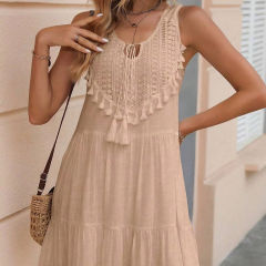 Customized Beige Bohemian Lace Tassel Sleeveless Midi Dress