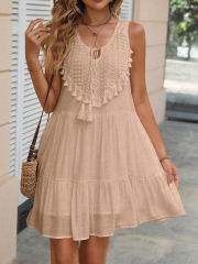 Customized Beige Bohemian Lace Tassel Sleeveless Midi Dress