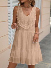 Customized Beige Bohemian Lace Tassel Sleeveless Midi Dress