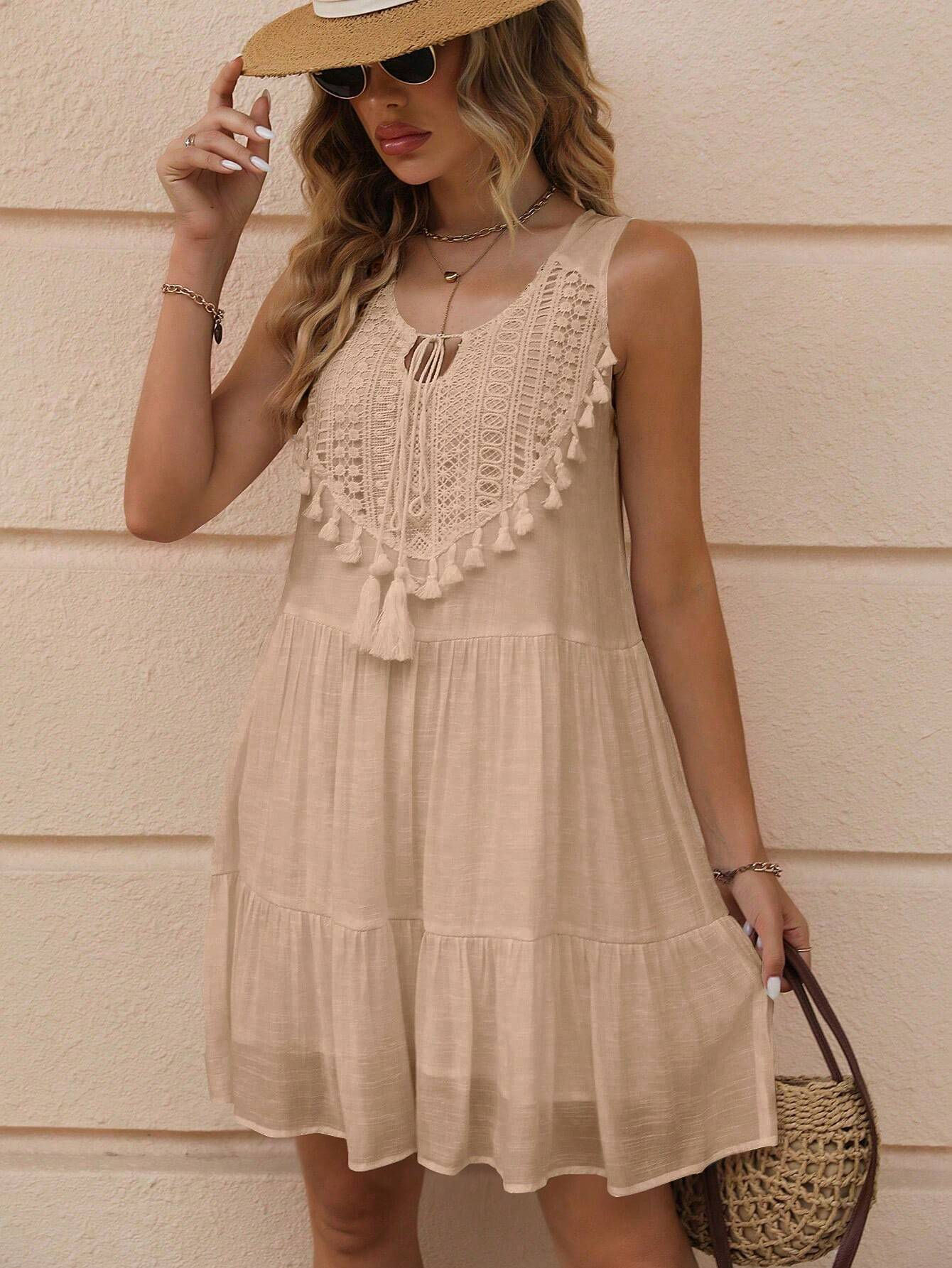 Customized Beige Bohemian Lace Tassel Sleeveless Midi Dress