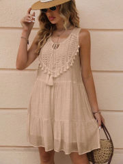 Customized Beige Bohemian Lace Tassel Sleeveless Midi Dress