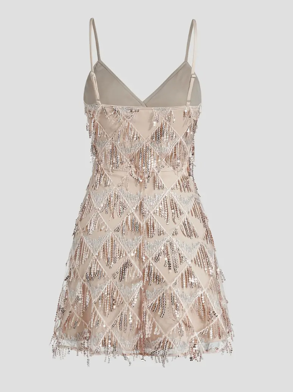 Customized Champagne Sequin Fringe Spaghetti Strap Mini Dress