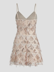 Customized Champagne Sequin Fringe Spaghetti Strap Mini Dress