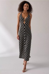 Factory Direct Women’s Black & White Chevron Halter Maxi Dress with Front Ring Detail