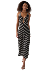 Factory Direct Women’s Black & White Chevron Halter Maxi Dress with Front Ring Detail