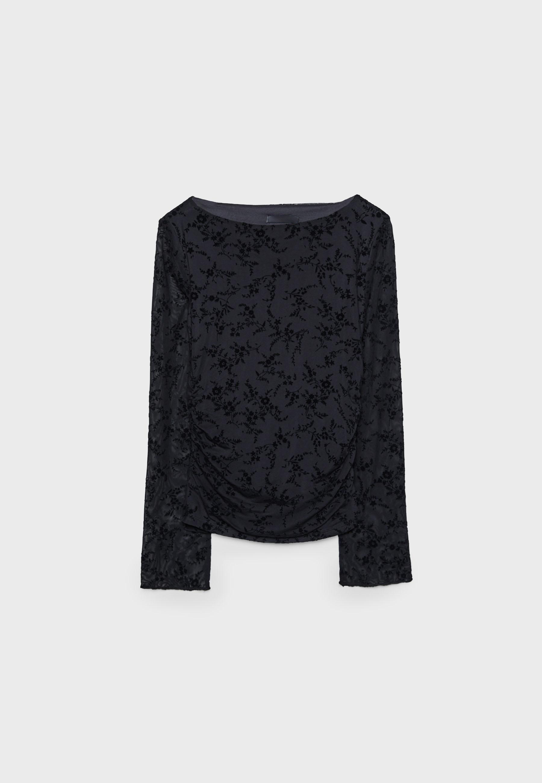 customized  Women’s Black Floral Sheer Mesh Long Sleeve Crop Top