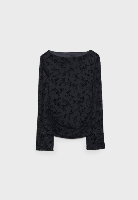 customized  Women’s Black Floral Sheer Mesh Long Sleeve Crop Top