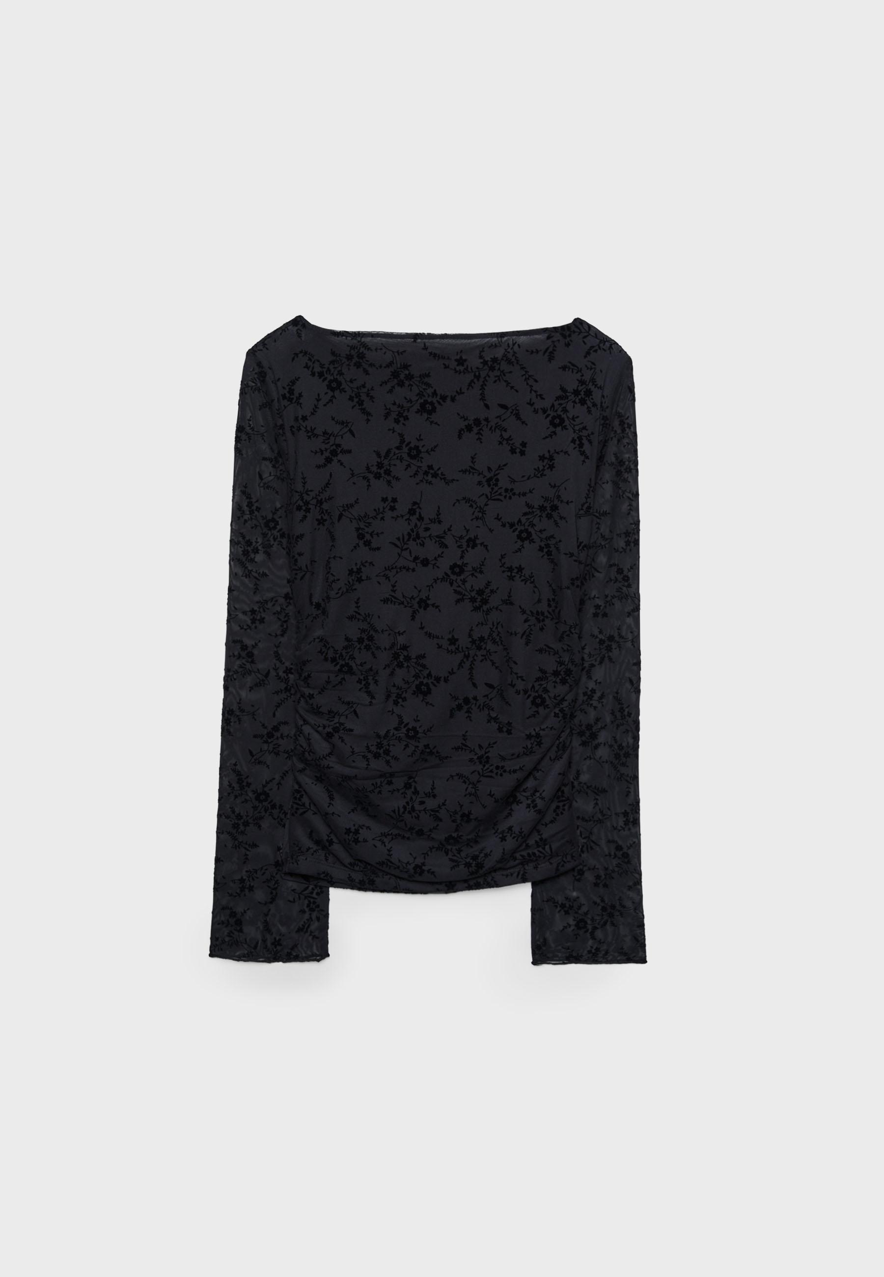 customized  Women’s Black Floral Sheer Mesh Long Sleeve Crop Top