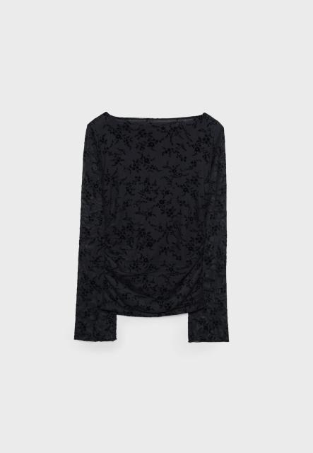 customized  Women’s Black Floral Sheer Mesh Long Sleeve Crop Top
