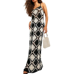 Wholesale Women’s Black & White Crochet Maxi Dress – Sleeveless Geometric Knit Summer Dress