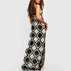 Wholesale Women’s Black & White Crochet Maxi Dress – Sleeveless Geometric Knit Summer Dress