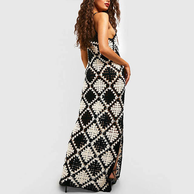 Wholesale Women’s Black & White Crochet Maxi Dress – Sleeveless Geometric Knit Summer Dress