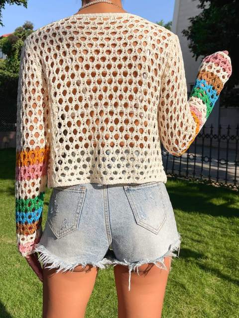 OEM ODM Women’s Handmade Crochet Button Cardigan – Multicolor Granny Square Knit Crop Sweater