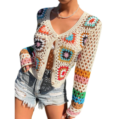 OEM ODM Women’s Handmade Crochet Button Cardigan – Multicolor Granny Square Knit Crop Sweater