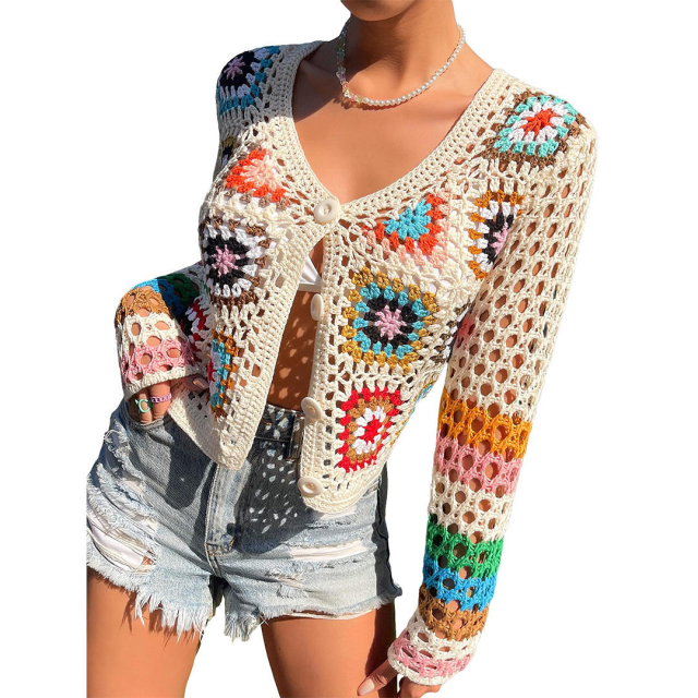 OEM ODM Women’s Handmade Crochet Button Cardigan – Multicolor Granny Square Knit Crop Sweater