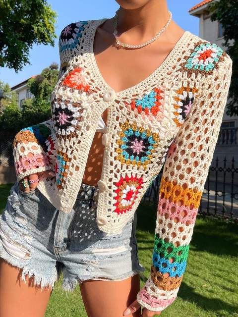 OEM ODM Women’s Handmade Crochet Button Cardigan – Multicolor Granny Square Knit Crop Sweater
