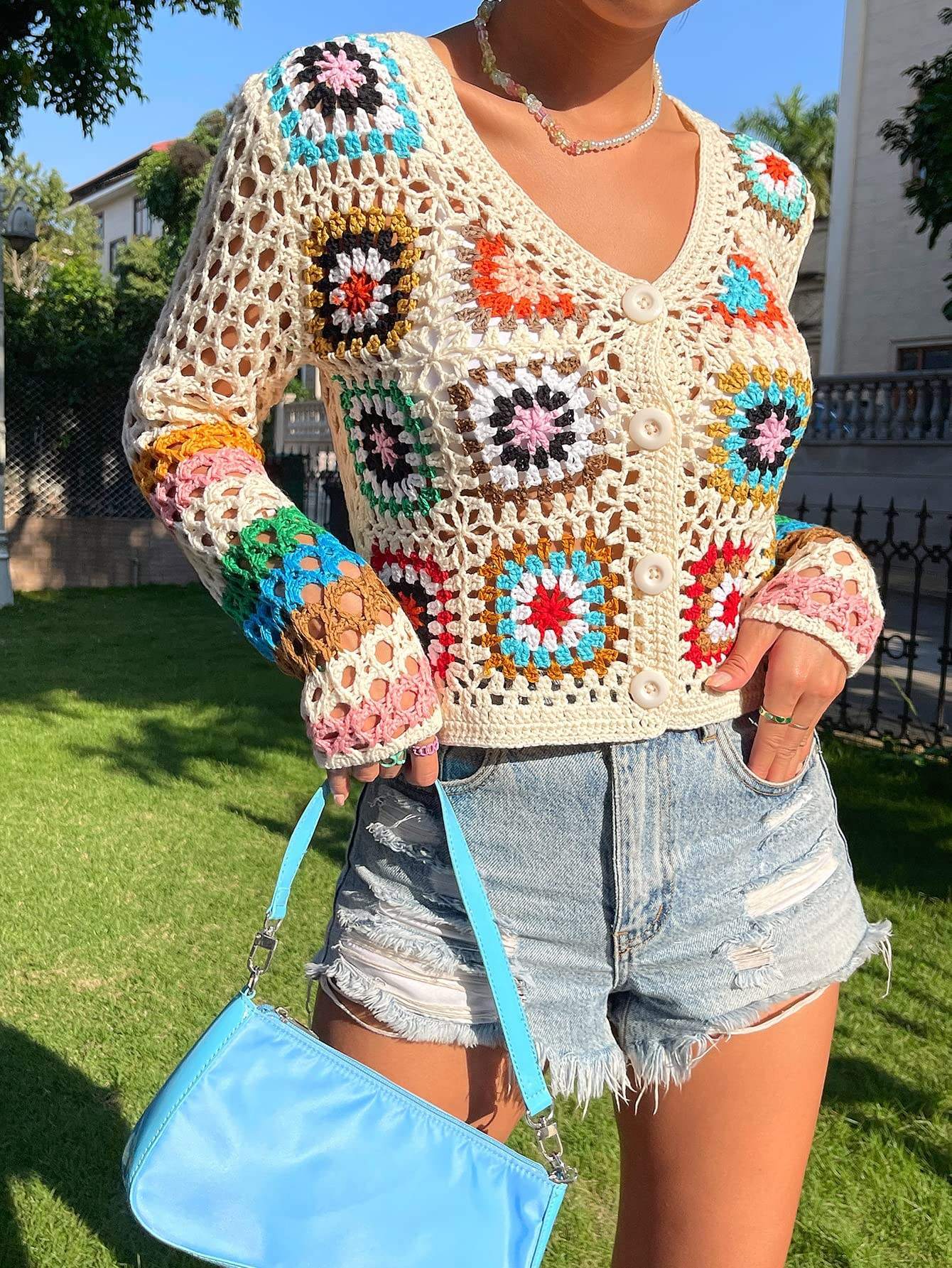 OEM ODM Women’s Handmade Crochet Button Cardigan – Multicolor Granny Square Knit Crop Sweater