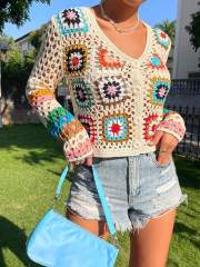OEM ODM Women’s Handmade Crochet Button Cardigan – Multicolor Granny Square Knit Crop Sweater