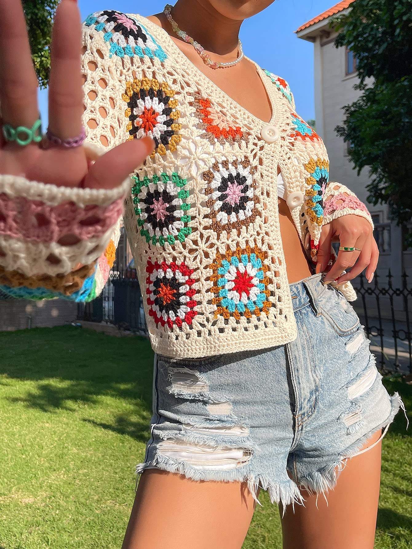 OEM ODM Women’s Handmade Crochet Button Cardigan – Multicolor Granny Square Knit Crop Sweater