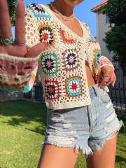OEM ODM Women’s Handmade Crochet Button Cardigan – Multicolor Granny Square Knit Crop Sweater