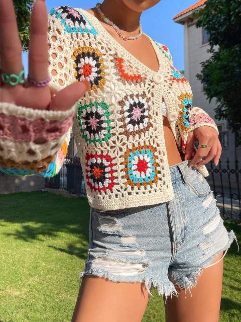 OEM ODM Women’s Handmade Crochet Button Cardigan – Multicolor Granny Square Knit Crop Sweater