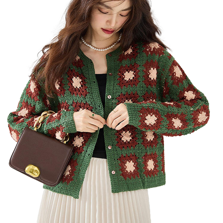 customized Women’s Vintage Granny Square Crochet Cardigan – Green Floral Button-Up Knit Sweater