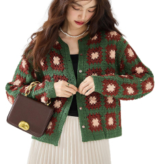 customized Women’s Vintage Granny Square Crochet Cardigan – Green Floral Button-Up Knit Sweater