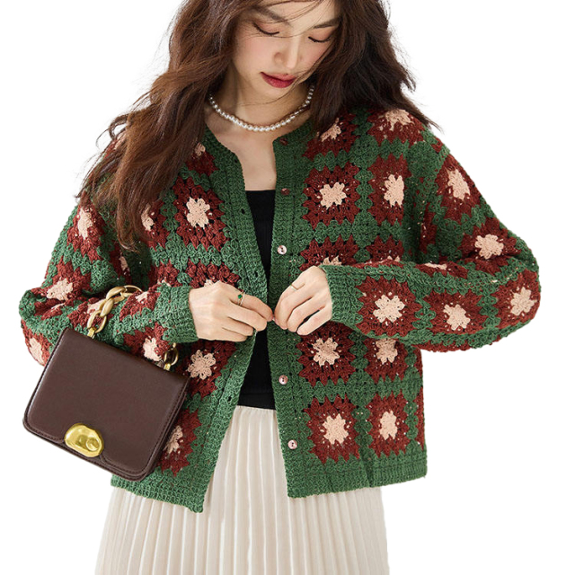 customized Women’s Vintage Granny Square Crochet Cardigan – Green Floral Button-Up Knit Sweater
