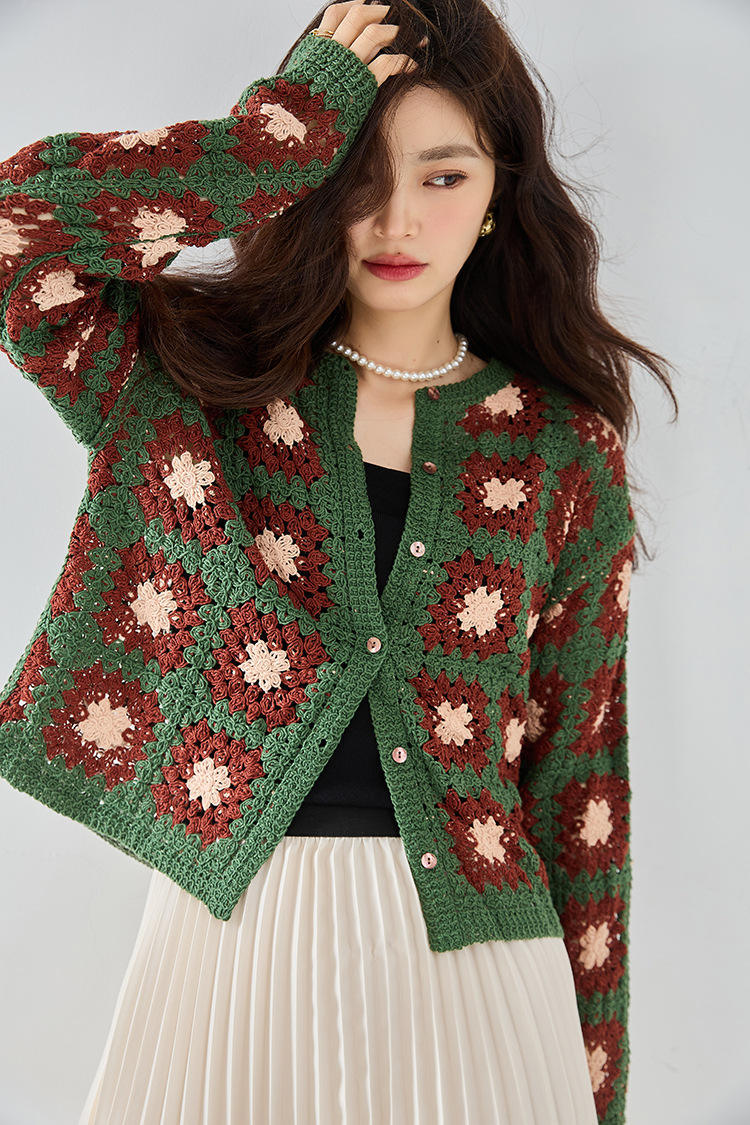 customized Women’s Vintage Granny Square Crochet Cardigan – Green Floral Button-Up Knit Sweater