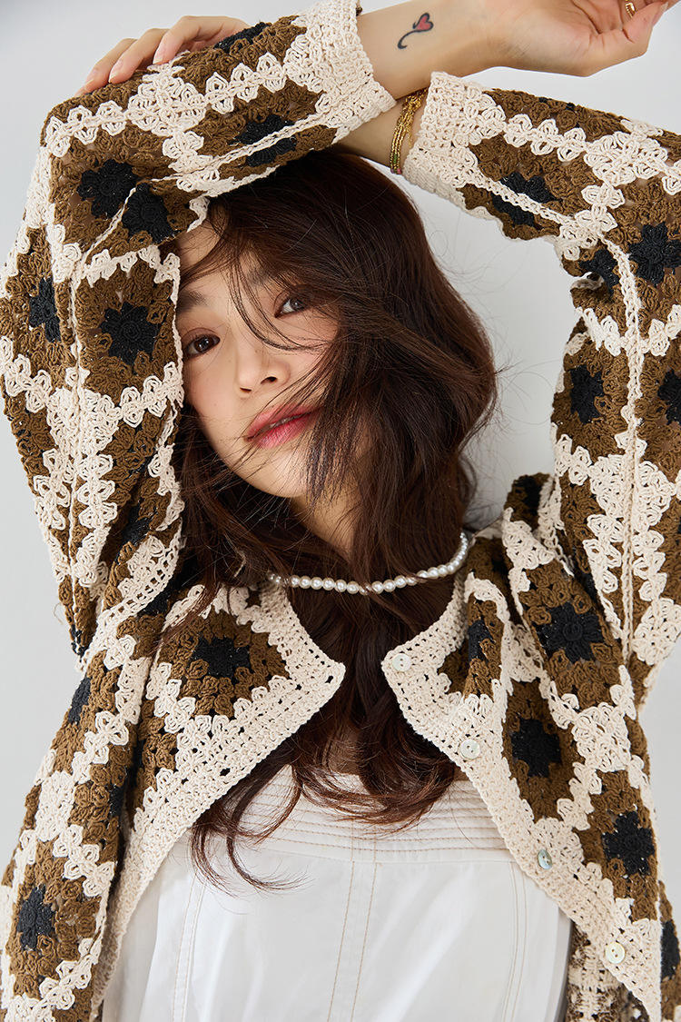 customized Women’s Vintage Granny Square Crochet Cardigan – Green Floral Button-Up Knit Sweater