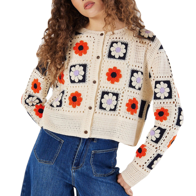 Personalized Women’s Vintage Floral Granny Square Crochet Cardigan – Cream Button-Up Knit Sweater