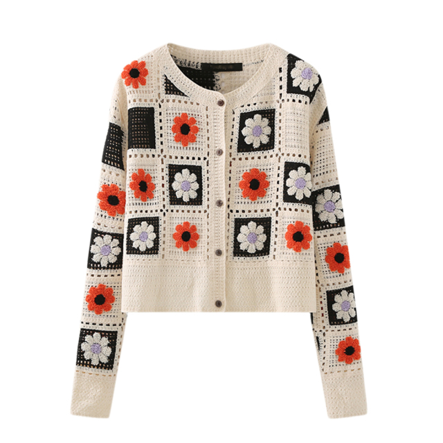 Personalized Women’s Vintage Floral Granny Square Crochet Cardigan – Cream Button-Up Knit Sweater