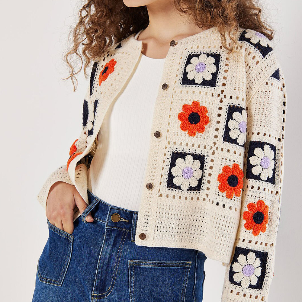 Personalized Women’s Vintage Floral Granny Square Crochet Cardigan – Cream Button-Up Knit Sweater