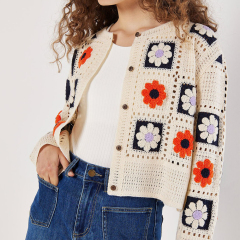 Personalized Women’s Vintage Floral Granny Square Crochet Cardigan – Cream Button-Up Knit Sweater