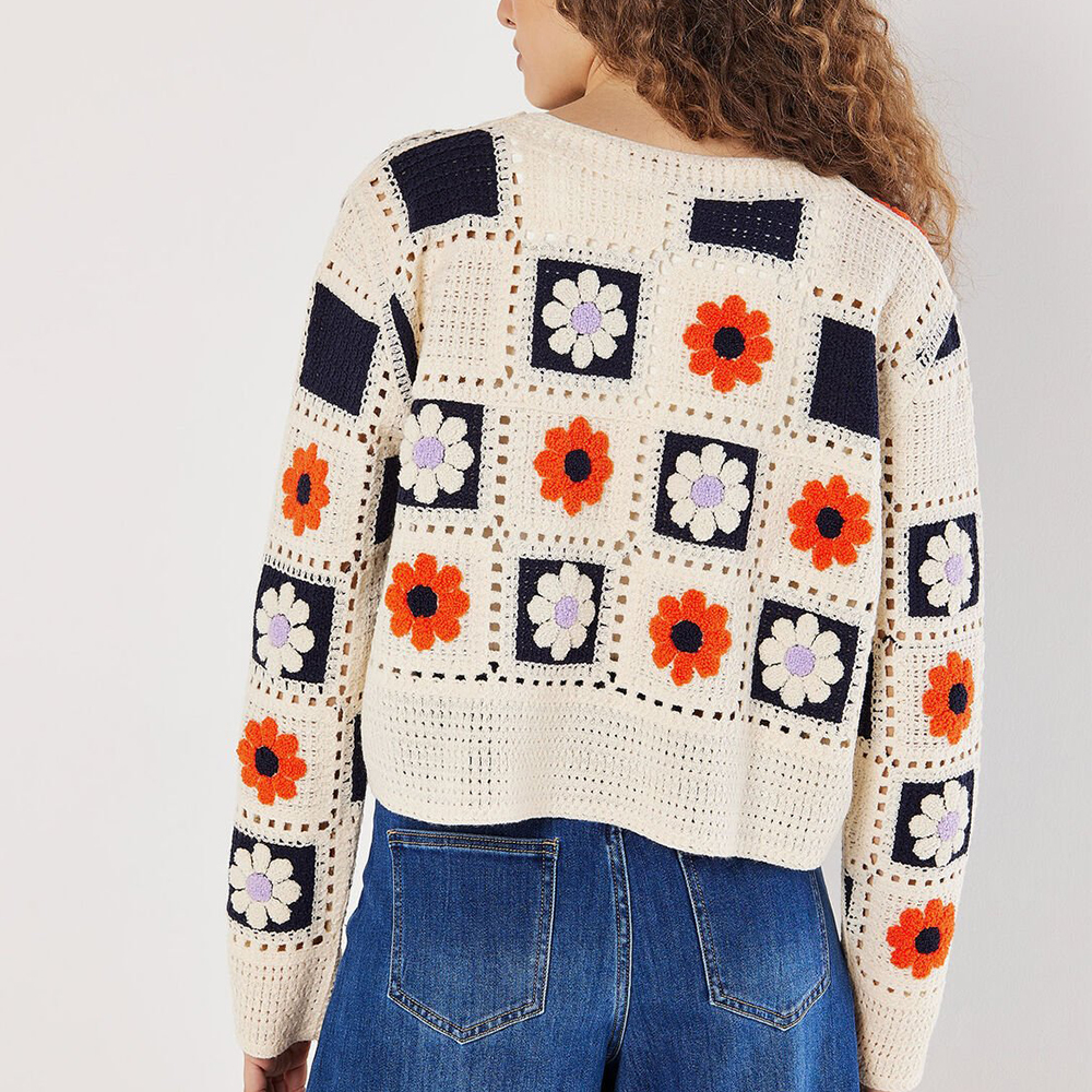Personalized Women’s Vintage Floral Granny Square Crochet Cardigan – Cream Button-Up Knit Sweater