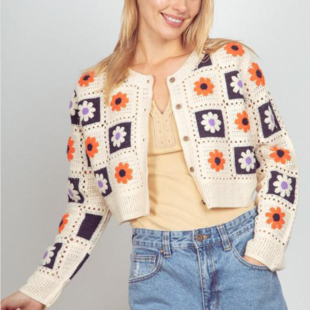 Personalized Women’s Vintage Floral Granny Square Crochet Cardigan – Cream Button-Up Knit Sweater
