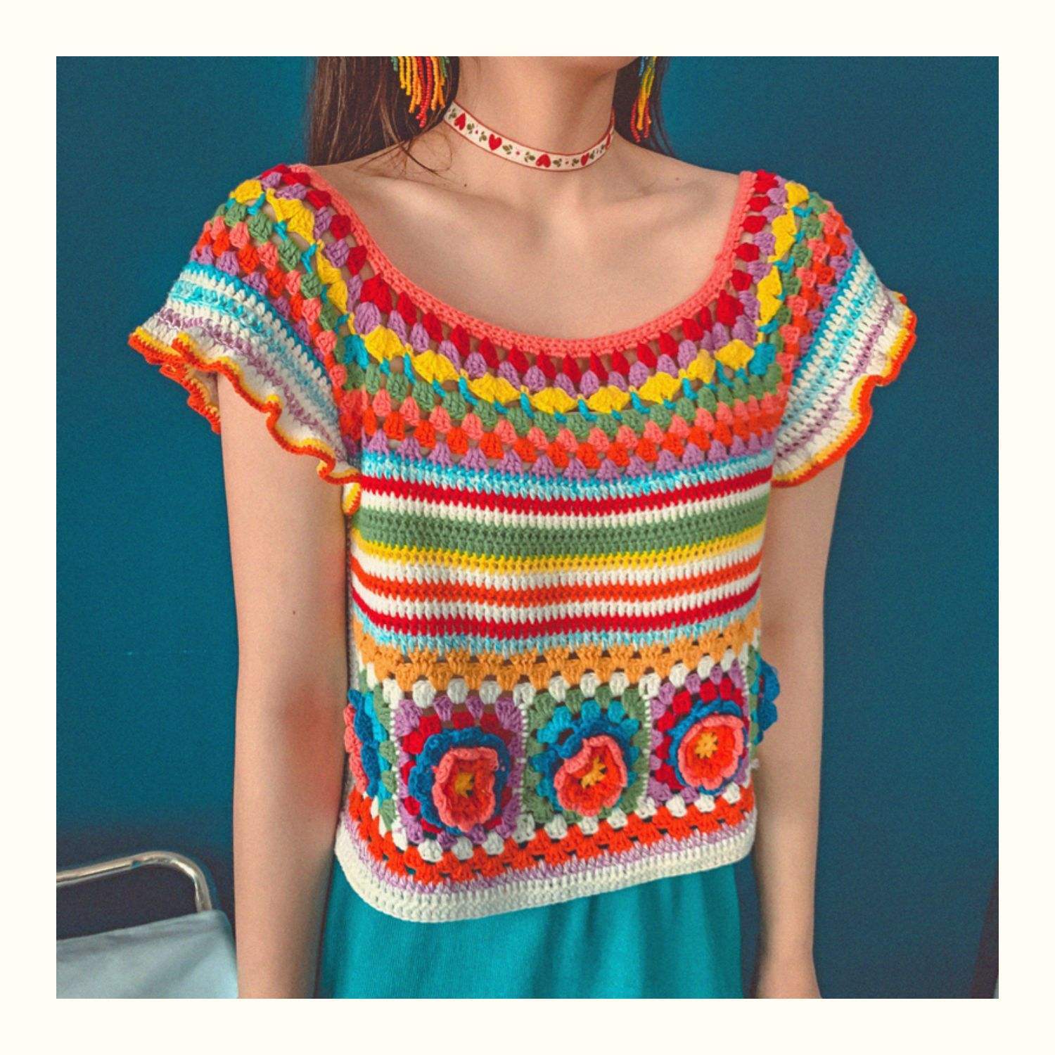 Personalized Women’s Multicolor Crochet Top – Handmade Granny Square Knit Short Sleeve Blouse