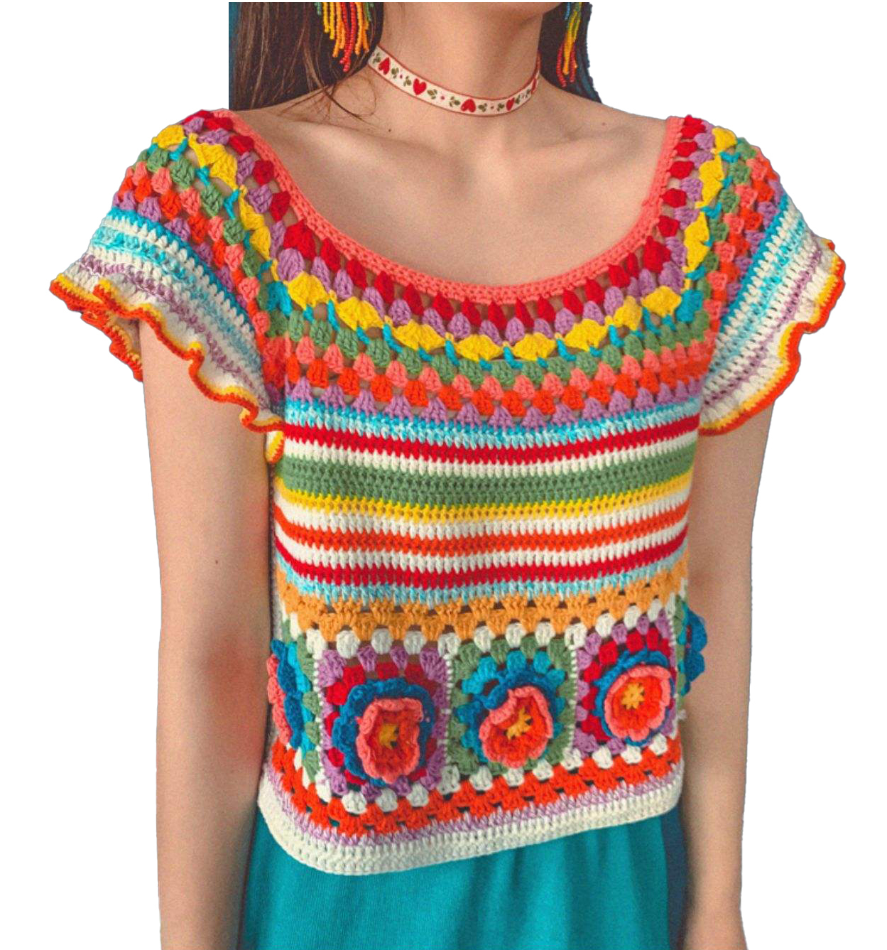 Personalized Women’s Multicolor Crochet Top – Handmade Granny Square Knit Short Sleeve Blouse