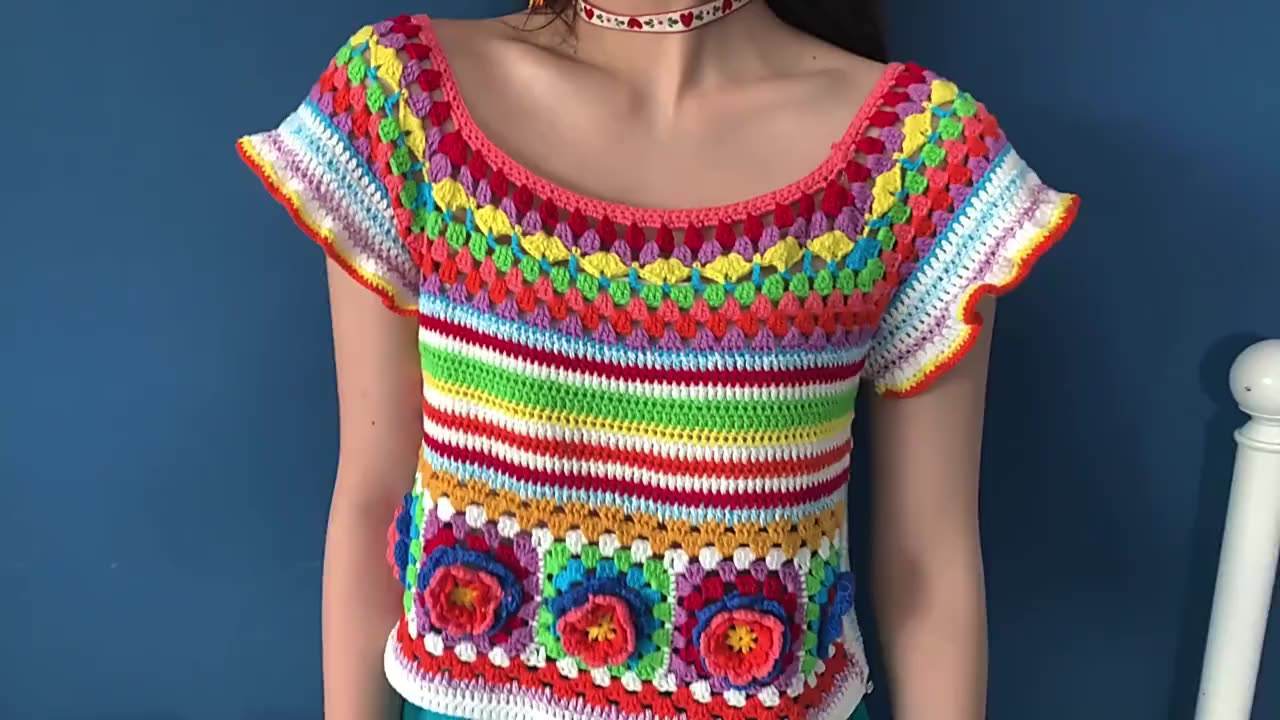 Personalized Women’s Multicolor Crochet Top – Handmade Granny Square Knit Short Sleeve Blouse