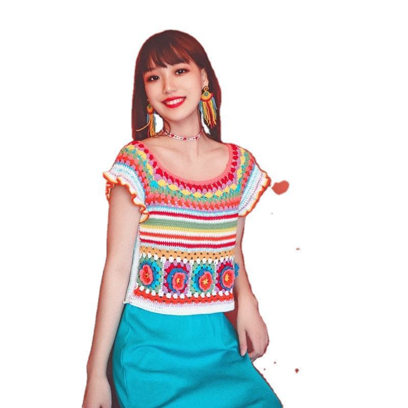 Personalized Women’s Multicolor Crochet Top – Handmade Granny Square Knit Short Sleeve Blouse