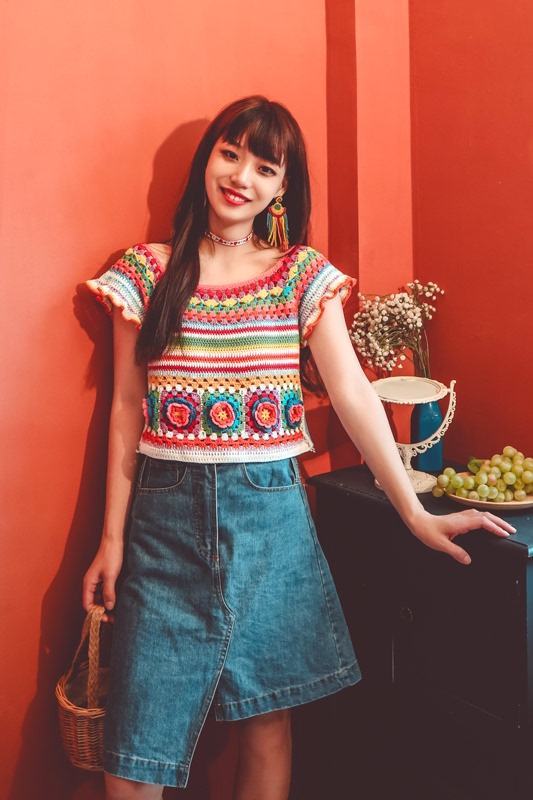 Personalized Women’s Multicolor Crochet Top – Handmade Granny Square Knit Short Sleeve Blouse
