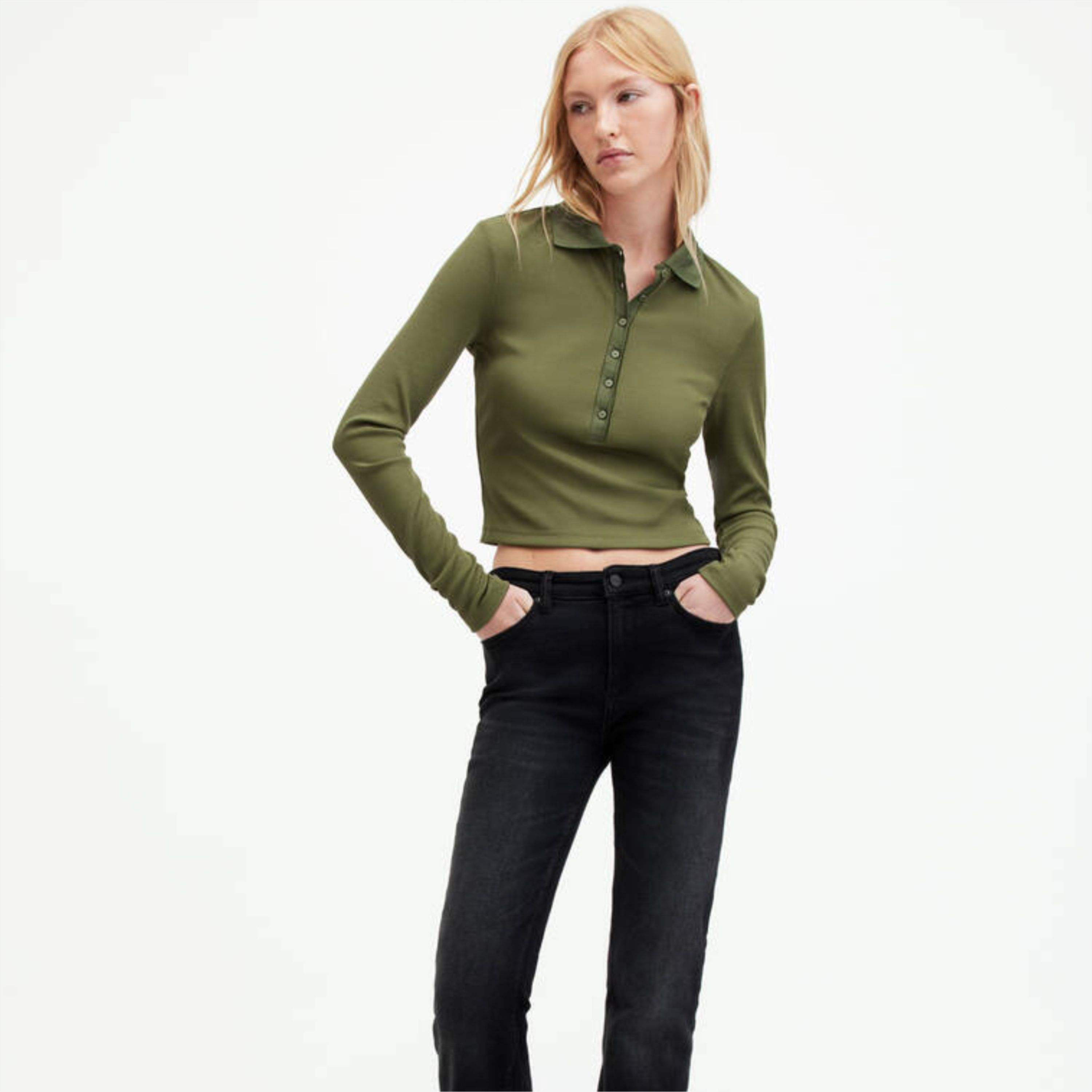 OEM ODM Women’s Long Sleeve Cropped Polo Top – Slim Fit Button Front Stretch Knit Shirt