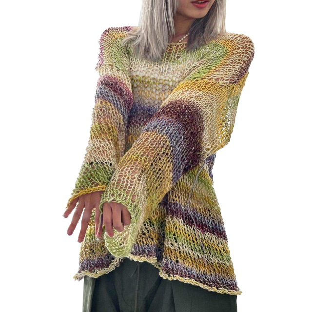 OEM ODM Women’s Oversized Open Knit Sweater – Multicolor Sheer Crochet Long Sleeve Top