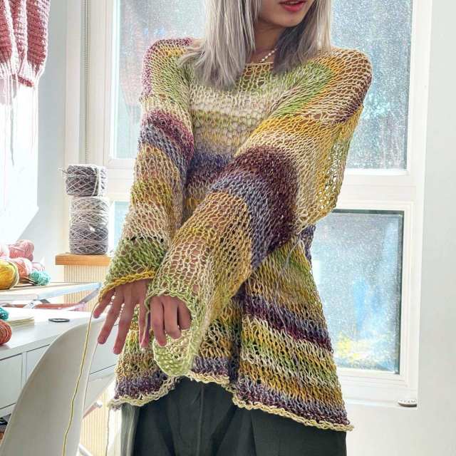 OEM ODM Women’s Oversized Open Knit Sweater – Multicolor Sheer Crochet Long Sleeve Top