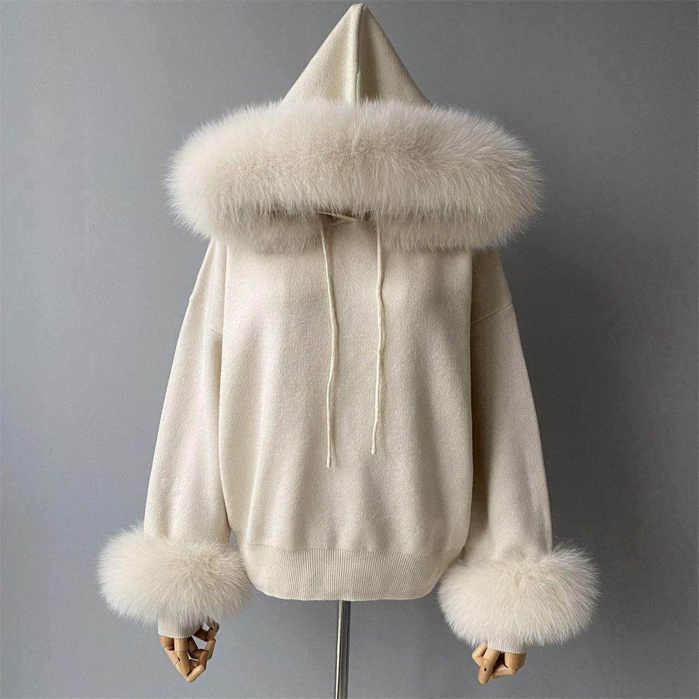 customized Women’s Luxury Faux Fur Trim Hooded Knit Sweater – Winter Plush Pullover Hoodie