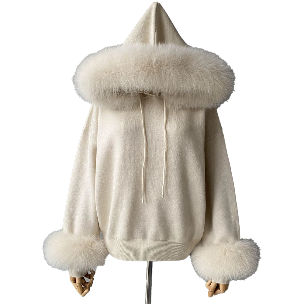 customized Women’s Luxury Faux Fur Trim Hooded Knit Sweater – Winter Plush Pullover Hoodie