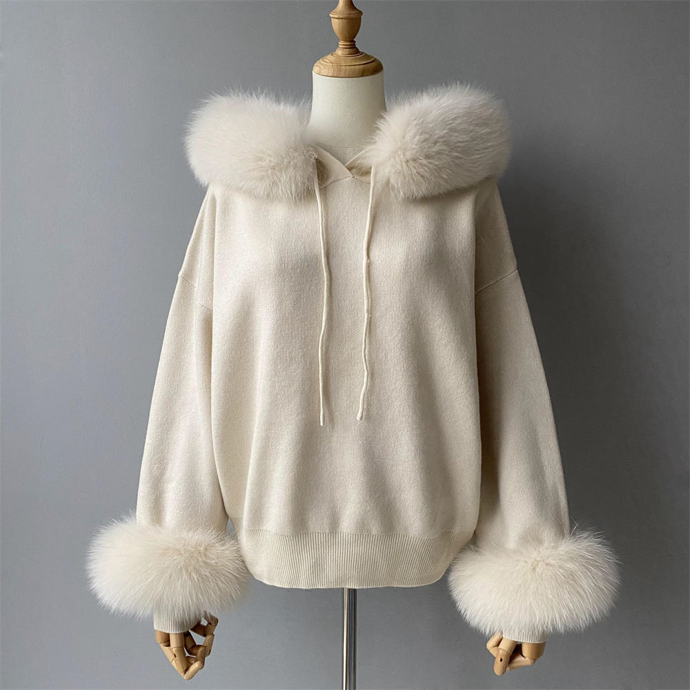 customized Women’s Luxury Faux Fur Trim Hooded Knit Sweater – Winter Plush Pullover Hoodie