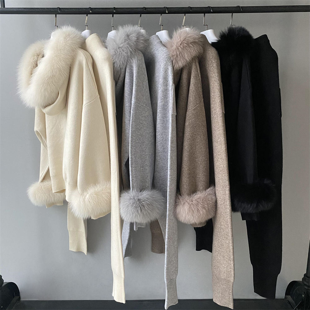 customized Women’s Luxury Faux Fur Trim Hooded Knit Sweater – Winter Plush Pullover Hoodie