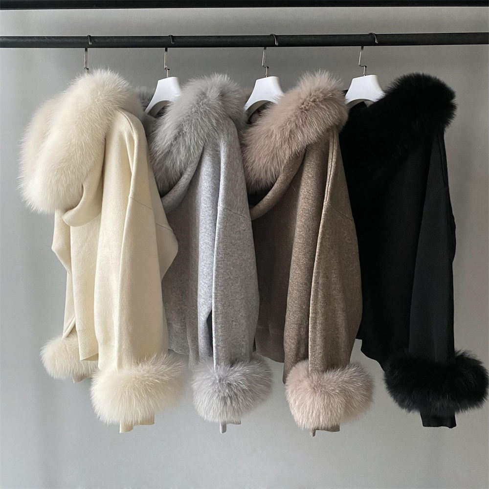 customized Women’s Luxury Faux Fur Trim Hooded Knit Sweater – Winter Plush Pullover Hoodie